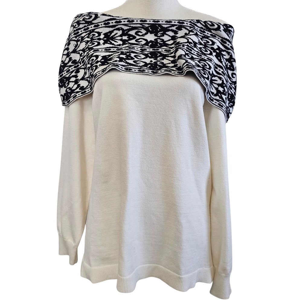 Anne Klein Womens XL Off Shoulder Portrait Damask Knit Sweater‎ White Black